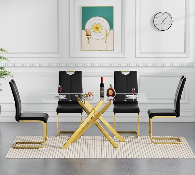 Goujxcy Gold Dining Table Set for 4, Glass Kitchen Table with Chair Set, Modern 51" Rectangle Glass Dining Table and 4 Black PU Leather Chairs with Metal Frame for Kitchen Dining Room