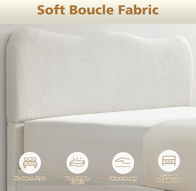 VELOCAVA Full Size Storage Bed with 4 Drawers, Modern Upholstered Bouclé Platform Frame with Curved Headboard, Rounded Corners, Wood Slats, No Box Spring Needed, Cream White