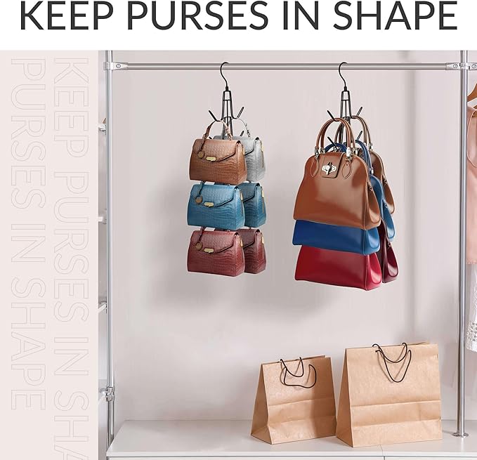 ZEDODIER Purse Organizer for Closet, 3 Pack Rotatable Sturdy Purse Hanger Bag Rack with 18 Hooks, Space Saving Handbag Backpack Holder, Closet Organizers and Storage, Black