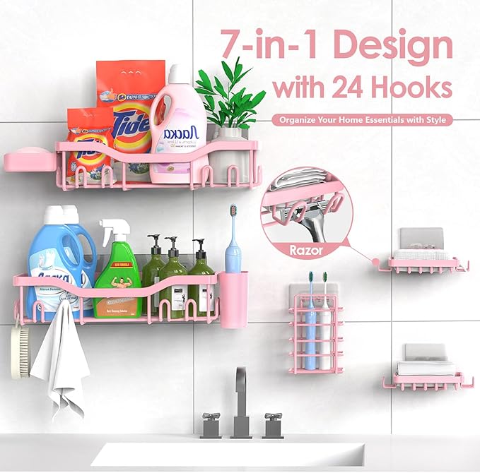 Shower Caddy Adhesive Shower Organizer 7-Pack, Rustproof Stainless Steel Bathroom Shelves, Large Capacity No-Drill Rack Storage Accessories with Soap Dish Toothbrush Holder Hooks (Pink)