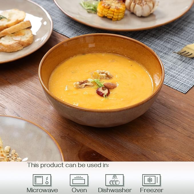 vicrays Ceramic Salad Bowls Set for Kitchen, Serving - 32 Ounce Soup Bowls, Pasta Bowls, Chip Resistant, Dishwasher Microwave Safe, Large, Fluted, stoneware, Set of 6 (Beige)