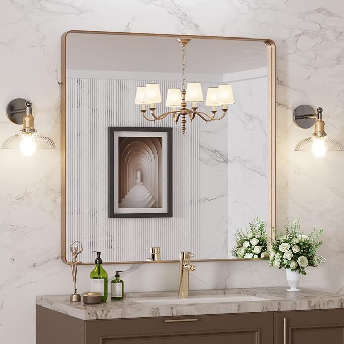 LOAAO 36”X36” Gold Bathroom Mirror, Rounded Rectangle Gold Frame Mirror, Brushed Gold Bathroom Vanity Mirror Wall-Mounted, Anti-Rust, Tempered Glass, Hangs Horizontally or Vertically
