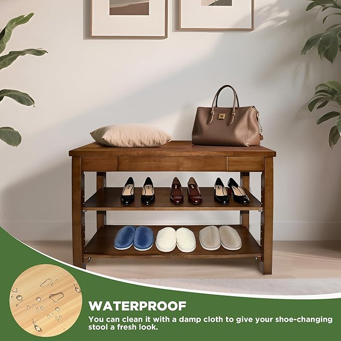 Wood Shoe Bench Entryway with Drawer: 2-Tiers Wooden Storage Shoe Rack with Bench Seat, Compact Mid-Century Modern Design for Entryway, Hallway,Closet,Front Door Entrance,Foyer Walnut 31.5"