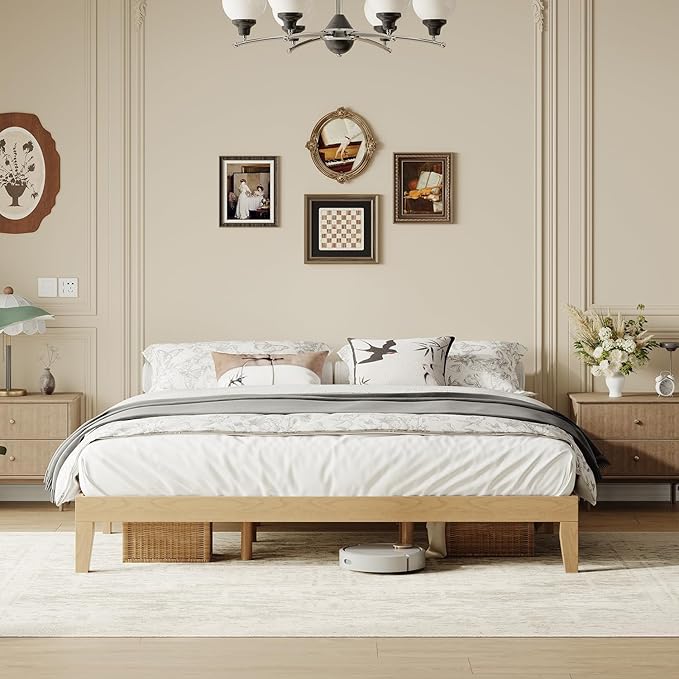 King Size Wood Platform Bed Frame, 12 Inch Solid Wood Bed Frame with Wooden Slats, No Box Spring Needed, Easy Assembly, Rustic Pine