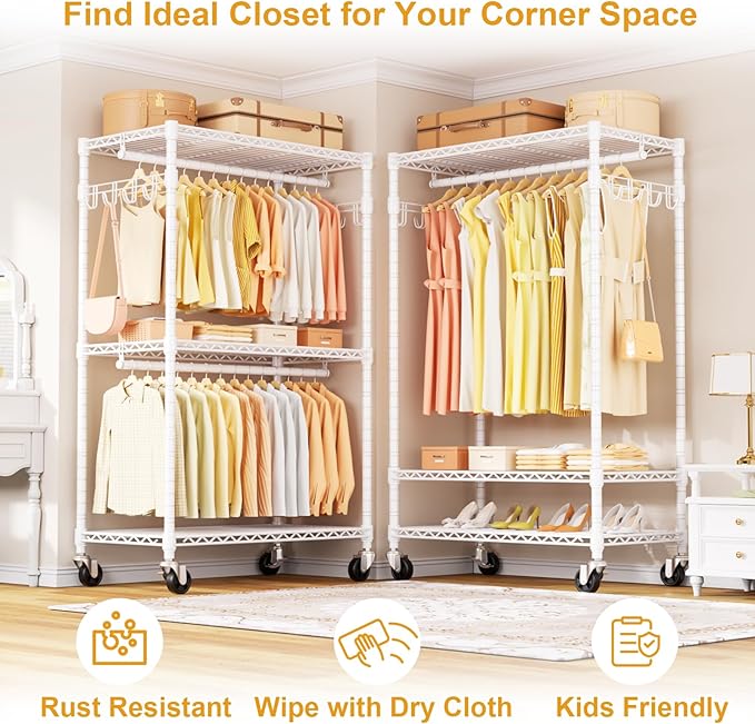 P1 Rolling Clothes Rack Heavy Duty, Metal Closet Clothing Rack with Lockable Wheels, Portable Wardrobe Closet for Hanging Clothes, 35.5" W x 15.7" D x 80.5" H, Hold 500lbs, White