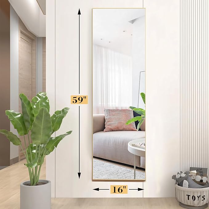 OLIXIS Full Length Gold Mirror 59.2"x16" for Bedroom, Full Body Mirror with Stand, Hanging or Leaning for Wall, Aluminum Alloy Thin Frame Floor Standing for Living Room, Long