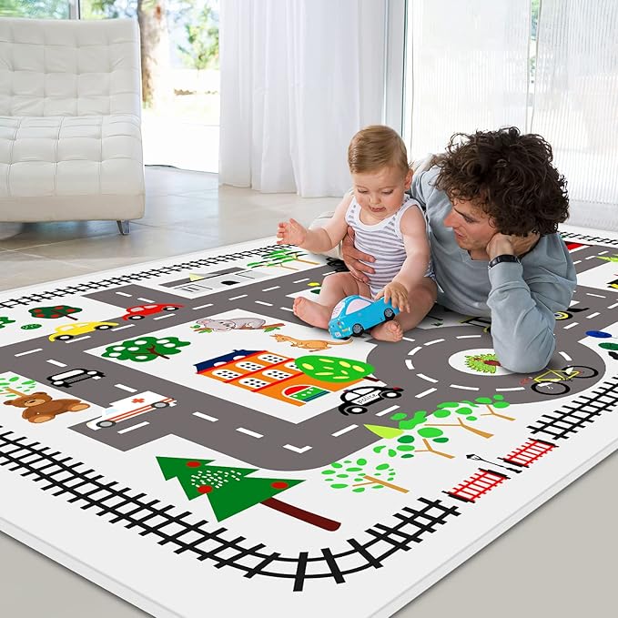 Kids Car Playmat, Kids Rug for Playroom Car Mat Town City Road Traffic Rugs, Play Mat for Floor, Extra Large Boys Kid Car Track Play Rug (Style Five, 78.7X 59 INCH)