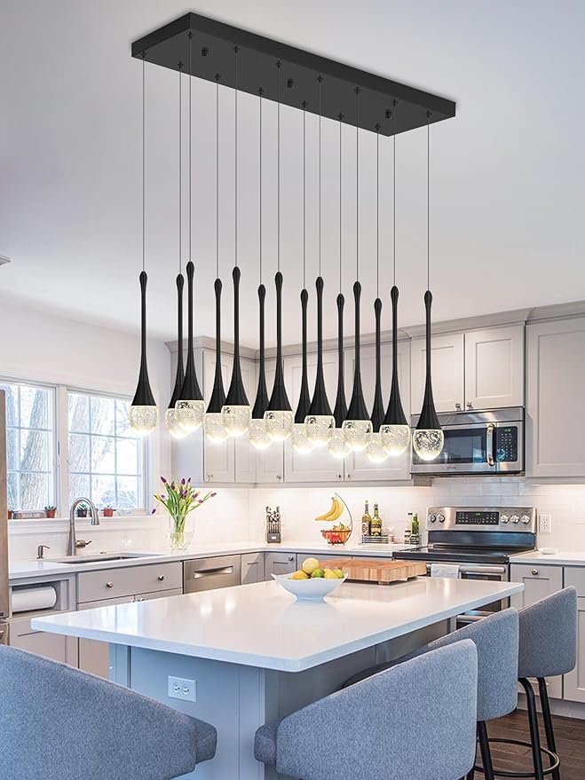 Modern Rectangular Chandelier,14 Lights Black Raindrop Chandelier Lighting,Industrial Linear Pendant Ceiling Light Fixture for Dining Living Room Kitchen Island