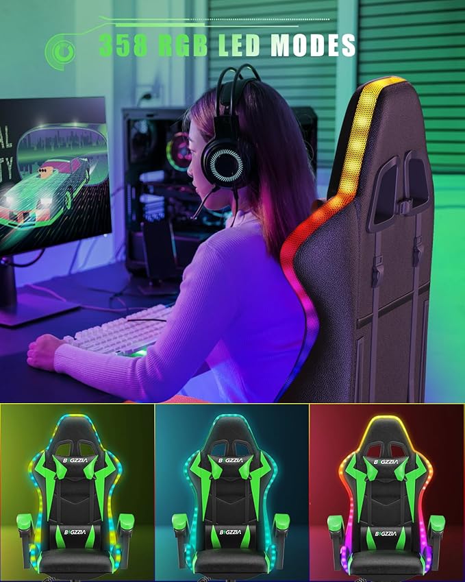 Bigzzia Gaming Chair with RGB LED Lights, High Back Ergonomic Computer Gamer Chair with Headrest and Lumbar Support, Racing Style Reclining Game Chair for Adults, Kids (Black/Green)