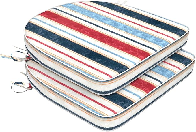 Set of 2 Outdoor Chair Cushions 19"x19"x2",Water Repellent Dining Seat Cushion with Ties and Removable Covers, Chair Cushions for Indoor and Patio Furniture, Stripe Red Blue