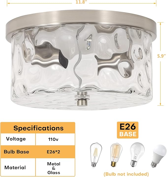 2-Light Flush Mount Ceiling Light Farmhouse Kitchen Island Ceiling Light with Bubble Glass Close to Ceiling Light Fixture for Living Room Bedroom Foyer Hallway