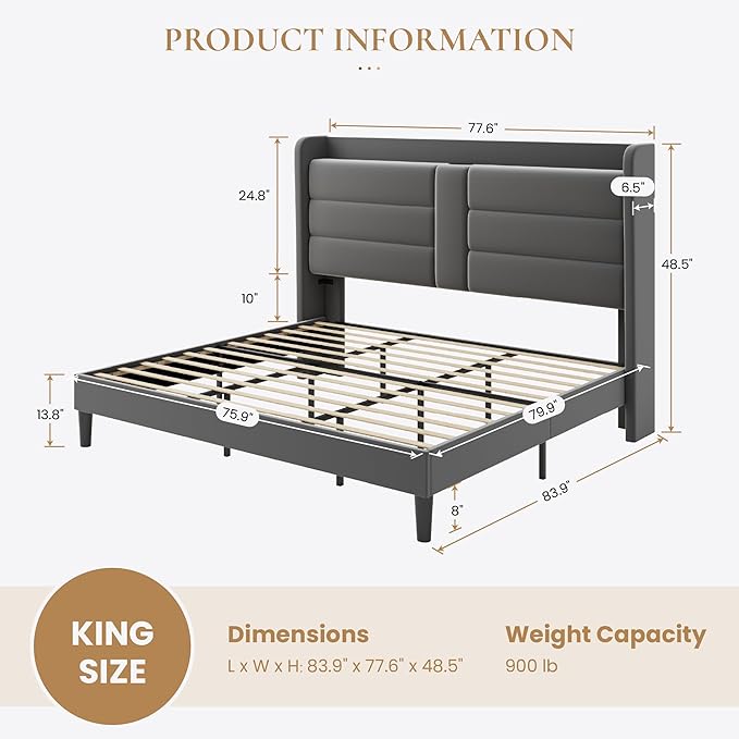 SHA CERLIN King Size Bed Frame with Charging Station & Storage Headboard, Velvet Platform Bed with Upholstered Modern Wingback Design, Wooden Slats Support, No Box Spring Needed, Easy Assembly, Grey