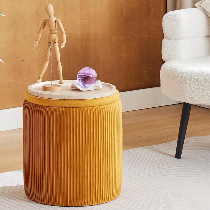 Round Ottoman with Storage Set of 2-Upholstered Sherpa Vanity Stool for Makeup Multifunctional Ottomans Coffee Table Padded Seat Foot Rest (Engineered Wood, Yellow-Upgrade Taray Lid)