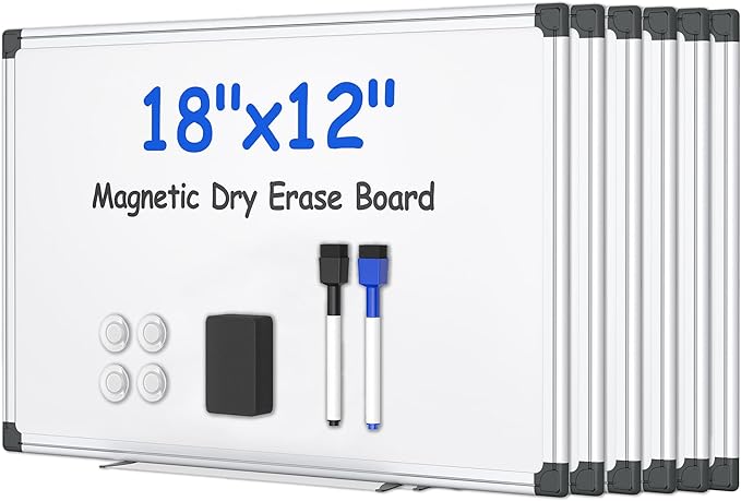 VUSIGN 6PCS Magnetic White Board Kit for Wall 18" x12", 6 Dry Eraser & 12 Multicolor Markers & 24 MagneticPins, Sliver Reinforced Aluminum Frame for Home, School, Office