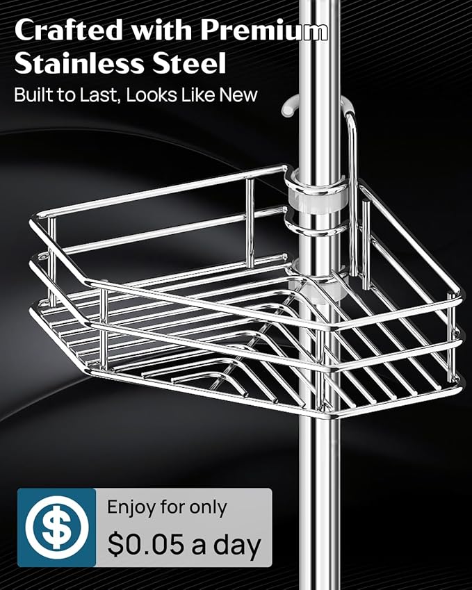 SEIRIONE Corner Shower Caddy Tension Pole, Quick Setup, Rust-Free Bathroom Shower Organizer Corner for Bathtub Shampoo Storage, 4-Tier Adjustable Shelf, Drill Free, Fits 34 to 116 Inch Height, Silver