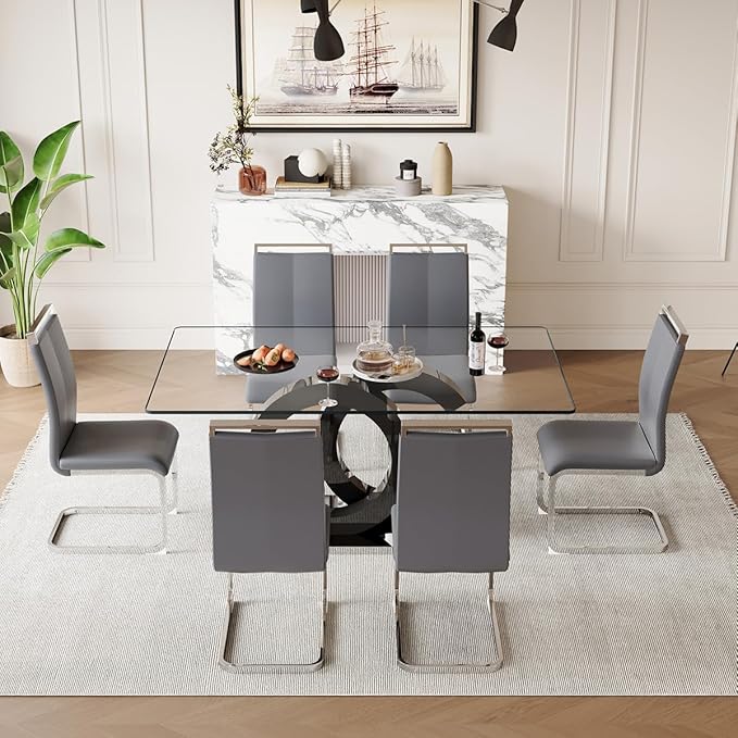 63'' Glass Dining Table Set for 6, Kitchen Table Chairs Set of 6, Clear Glass Dining Table with Black unique design Leg and Silver Metal Base, 6 PU Dining Chairs with Metal Legs, Living Room, Kitchen.