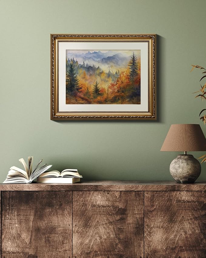 VIYYIEA Gold Framed Wall Art Canvas Print Home Decor Vintage Fall Scenery Bathroom Wall Decor Aesthetic Rustic Fall Wall Art for Kitchen Office Bedroom Autumn Forest Landscape Room Decor 13x16in