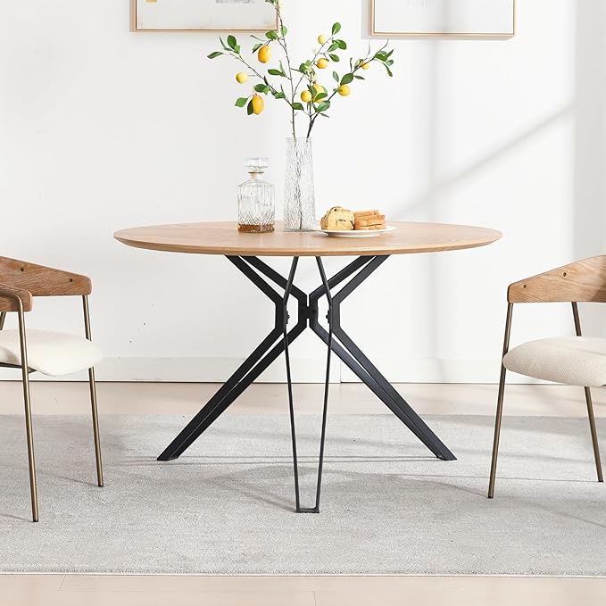 DUOMAY 47'' Round Dining Table for 4-6 Person, Mid-Century Modern Solid Wood Dining Room Table, Dinner Table with Intersecting Pedestal Metal Base for Kitchen, Office, Living Room, Natural