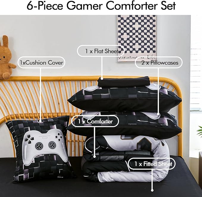 PERFEMET 6 Pcs Kids Bedding Sets for Boys Twin Size Black White Gamer Comforter with Sheet Set Soft Fluffy Gaming Bed Set Lightweight Comfy Game Bed in A Bag for All Season(White, Twin)