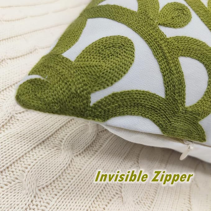 Alysheer Embroidered Decorative Throw Pillow Cover 18x18 inch, Cozy Boho Mandala Chic Knit Pattern, Soft 100% Cotton Canvas Cushion for Sofa Couch Living Room Bedroom(Olive Green)