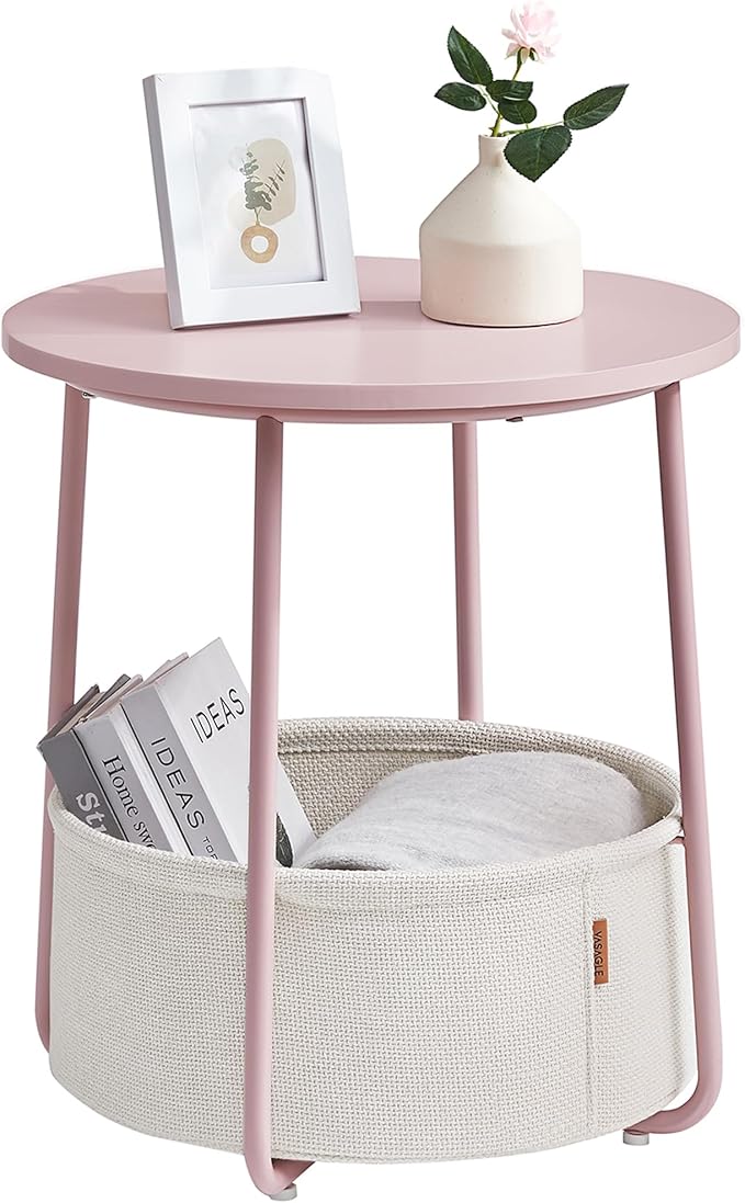VASAGLE Small Round Side End Table, Modern Nightstand with Fabric Basket, Jelly Pink and Cream White ULET223R61