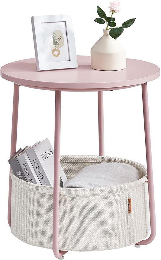 VASAGLE Small Round Side End Table, Modern Nightstand with Fabric Basket, Jelly Pink and Cream White ULET223R61