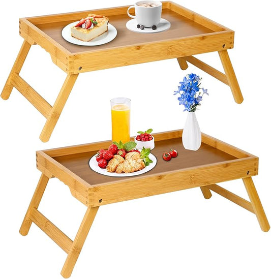 Bamboo Bed Tray Table with Foldable Legs, Breakfast in Bed Tray for Kitchen Serving Tray, Eating, Working, Drawing Tray (2 Pack, Bamboo)