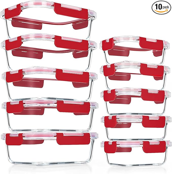VERONES 10Pack Glass Meal Prep Containers, Airtight Glass Lunch Containers,Stackable Glass Food Storage Containers Set with Lids,Exclusive of BPA, for Microwave,Oven, Freezer&Dishwasher Friendly,Red