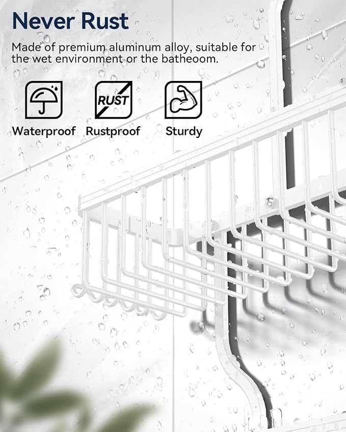 YASONIC Shower Caddy Hanging - Never Rust Shower Organizer - Aluminum over The shower head caddy with 10 Hooks for Razor/Sponge - Shower Rack with Soap Basket - White