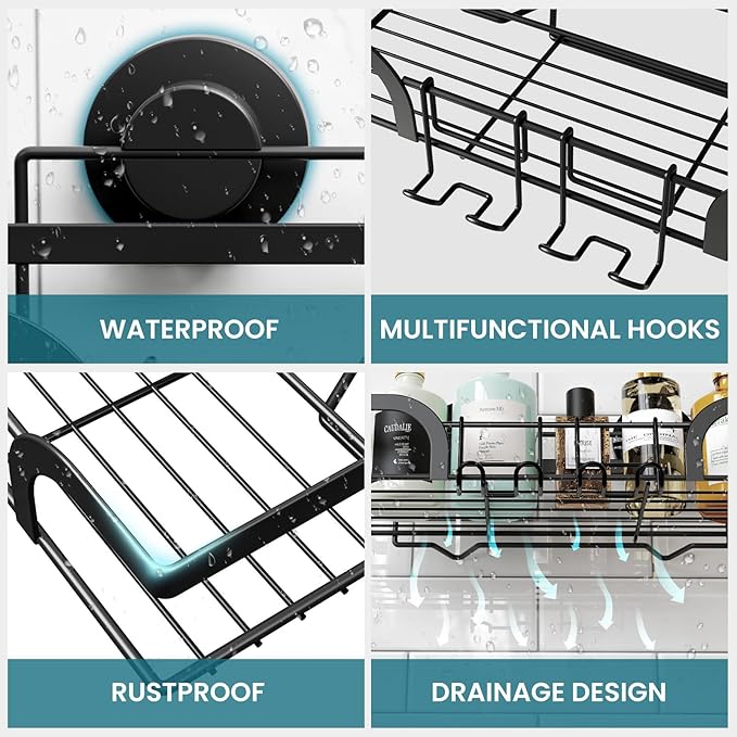 TAILI Shower Caddy Suction Cup 2 Pack, Heavy Duty Bathroom Basket, Bath Shelves for Inside, Stainless Steel Shower Holder Organizer for Bathroom Storage & Home Decor, No Drilling,Black