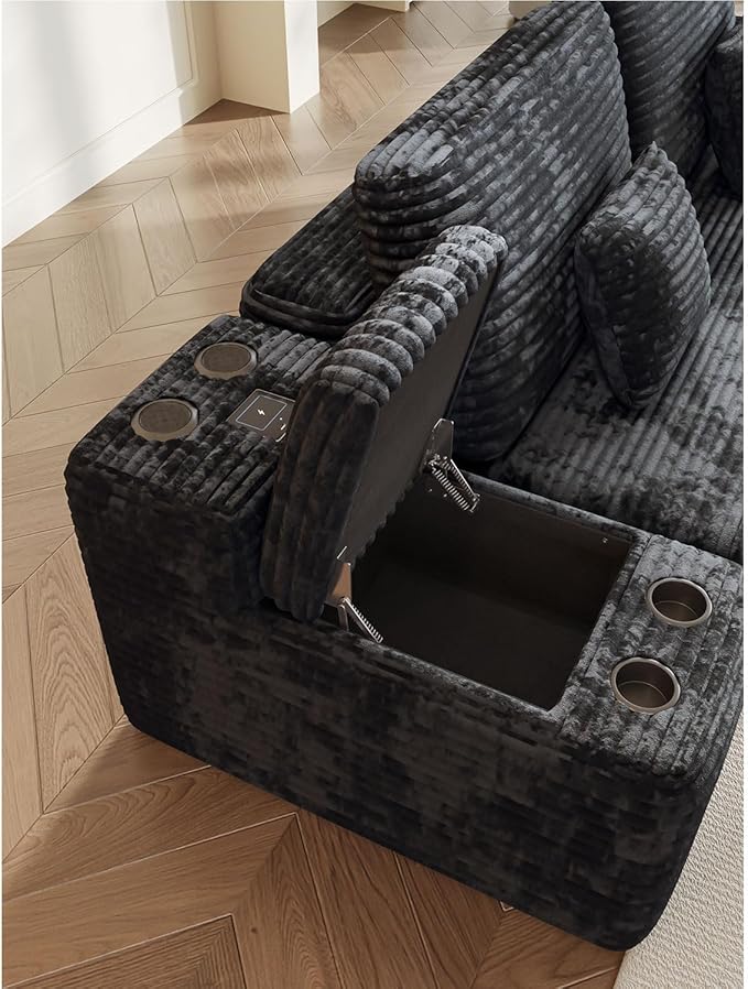 KEIKI 150" U-Shaped Oversized Corduroy Modular Sectional Sofa with 2 Ottomans and Multi Functional Console, 6-Seater Upholstered Couch with USB and 2 Cup Holder, Easy Assembly, for Living Room, Black