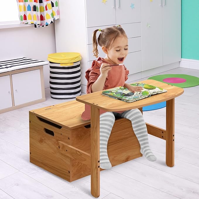 HONEY JOY Kids Table and Chair Set, 3-in-1 Convertible Wooden Toy Storage Bench with Handle, Toddler Furniture Set for Daycare Playroom, Gift for Boys Girls 3+ (Natural)
