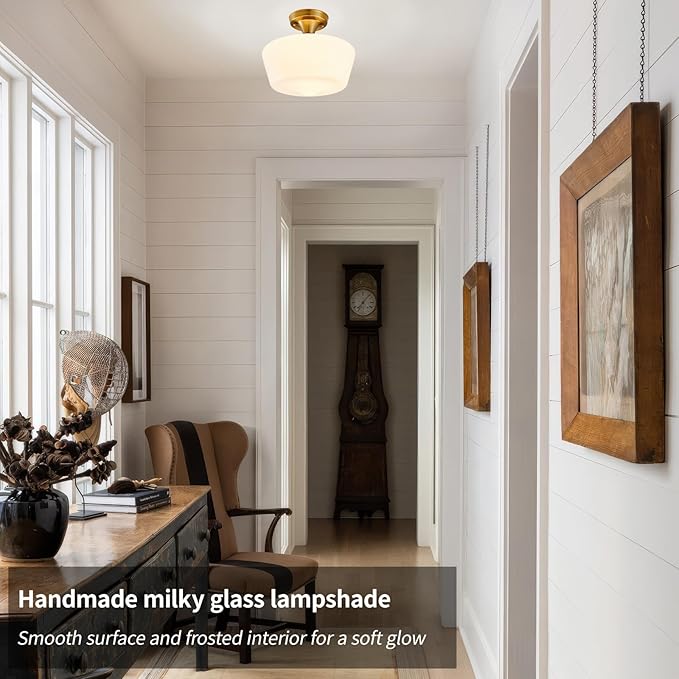 Schoolhouse Light Fixture Modern Gold Ceiling Light,Semi Flush Mount Ceiling Light,12''Wide Opal Milk Glass Shade,Brass Vintage Light for Farmhouse Bedroom Kitchen Hallway Entryway