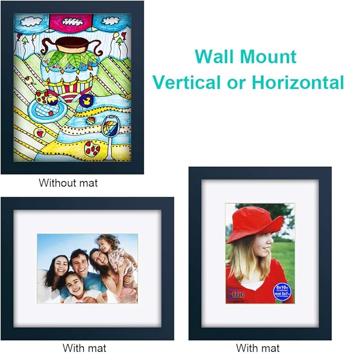 RPJC 8x10 inch Picture Frame Made of Solid Wood and High Definition Glass Display Photo 5x7 with Mat or 8x10 Without Mat for Wall Mounting Jazz Blue
