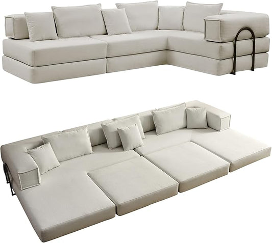 Rovibek 118" 5-in-1 Memory Foam Boneless Sectional Couch, Modular Convertible Sleeper Sofa Bed, Full Size No Assembly Required DIY Combination, Oversized Lazy Sofa with Fixed Frame Beige