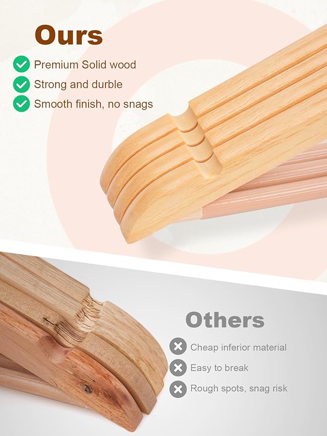 HOUSE DAY Bulk Wooden Hangers 80 Pack, Solid Wood Hanger with Non Slip Pant Bar, Heavy Duty Wooden Coat Hanger for Closet, Smooth Finish Wood Clothes Hangers for Shirts, Suits Jackets, Dress, Natural