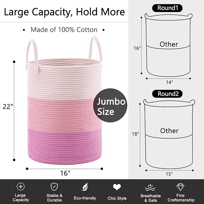 Woven Rope Laundry Hamper Basket, 58L Tall Luandry Basket, Baby Nursery Hamper for Blanket Storage, Clothes Hamper for Laundry in Bedroom-Large-Pink