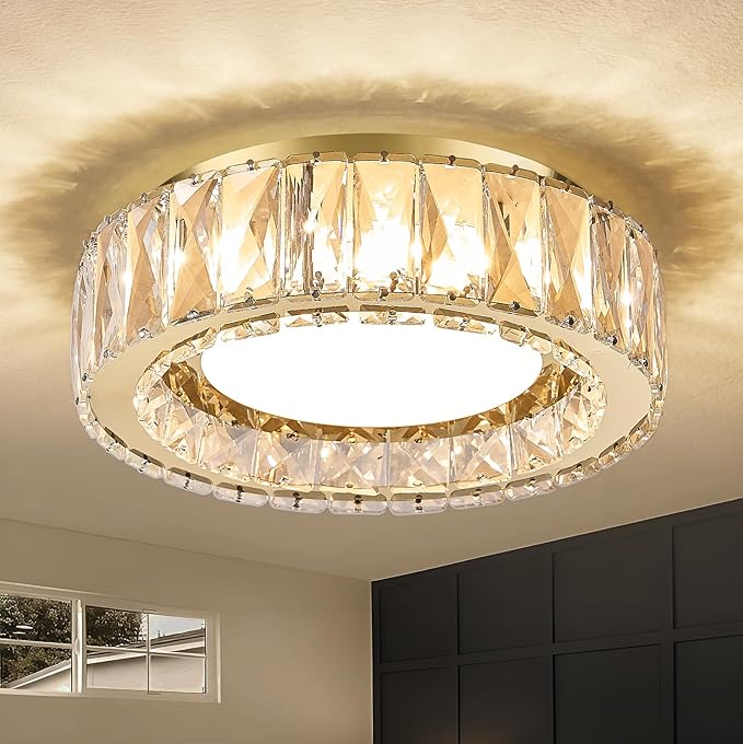 Dimmable Modern Luxury Crystal LED Flush Mount Ceiling Light,11 Inch 24W/5CCT 3000K-6000K Gold Small Close to Ceiling Lighting Fixtures for Kitchen,Entryway,Laundry Room,Porch
