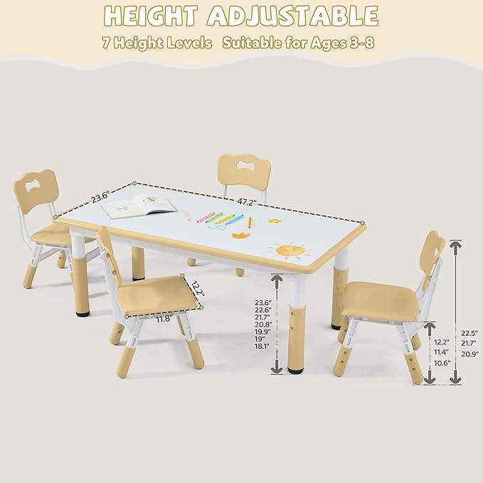 Adjustable Kids Table Chairs Set – Graffiti Desktop, Multi-Activity Height-Adjustable Toddler Study Desk for Ages 3-8 – Ideal for Home, Classroom, Daycare (B-Brown, 4 Chairs-47.2" L x 23.6" W)