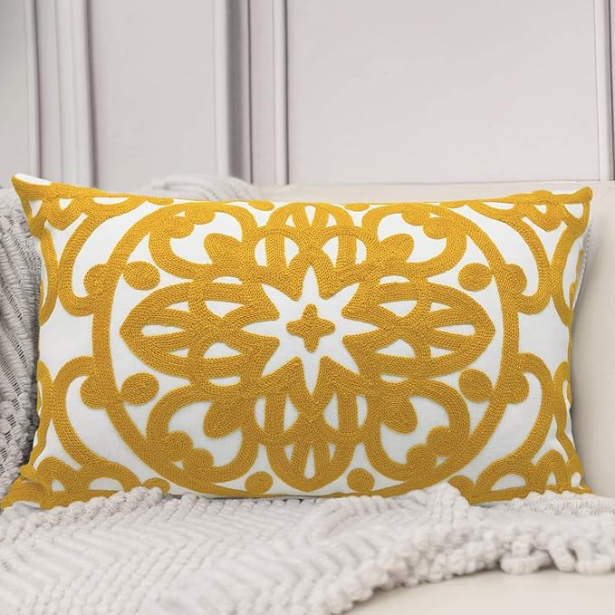 Alysheer Embroidered Lumbar Decorative Throw Pillow Cover 12"x 20", Classic Boho Mandala Embroidery Pattern Cotton Rectangular Cushion Case for Sofa Couch Living Room Bedroom(Mustard Yellow)