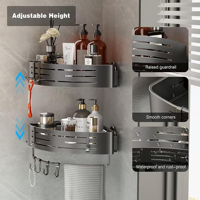 Voldra Adhesive Corner Shower Caddy, 2 Pack Corner Shower Shelves for Inside Shower No Drilling, Aluminum Stick On Showers Organizer Corner with Towel Bar & Hooks Removable Bathroom Storage Rack(Gray)