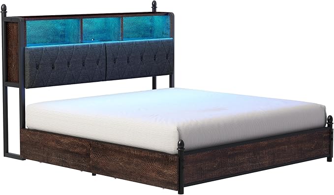 AMERLIFE King Size Bed Frame with Bookcase Headboard, 4 Storage Drawers, Wooden Platform Bed with Charging Station & LED Light, No Box Spring Needed, Noise-Free, Rustic Brown