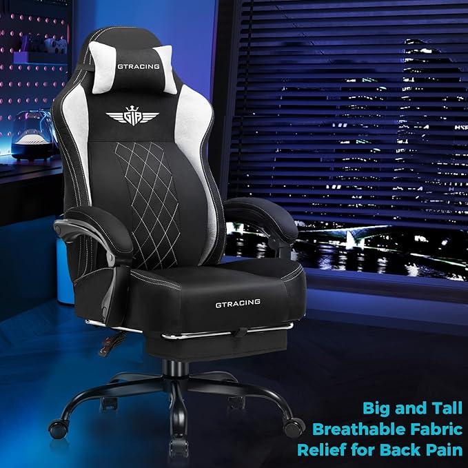GTPLAYER Big and Tall Gaming Chair Breathable Fabric Computer Chair with Strong Lumbar Support, Comfortable Office Chairs with Pocket Spring Cushion, High Back Ergonomic Desk Chairs with Footrest