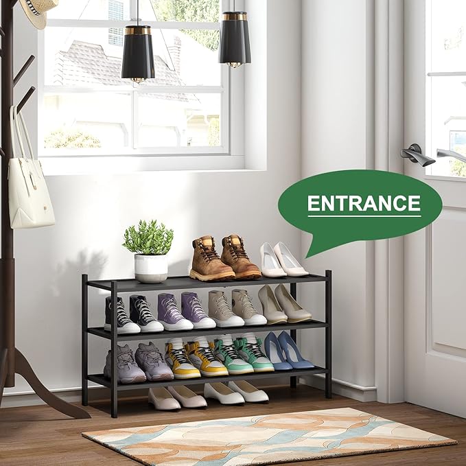 Black Long Shoe Rack, 3-Tier Bamboo Wood Shoe Rack for Entryway, Stackable | Foldable | Natural, Shoe Organizer for Hallway Closet, Free Standing Shoe Racks for Indoor Outdoor