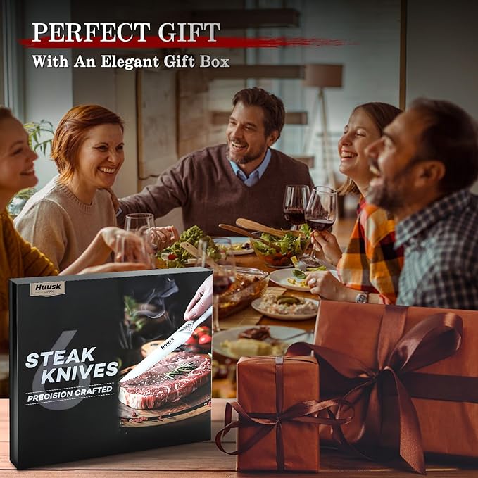 Huusk Serrated Steak Knives Set - 4.5" Japanese Stainless Steel Steak Knives Set of 6, Sharp Dishwasher Safe Dinner Knife for Kitchen Table with Gift Box
