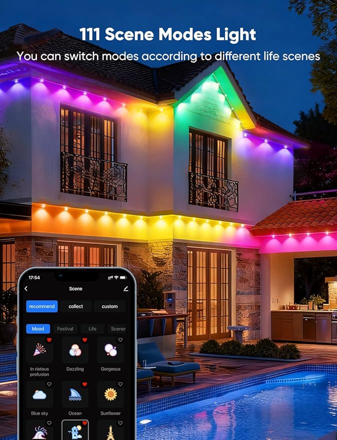 APPECK Permanent Outdoor Lights 200ft with 144 LED Lights, 72W Smart RGBW Eaves Lights, DC 36V, 40LM, IP67 Waterproof String Lights for Halloween Christams Decor, Compatible with Alexa, White