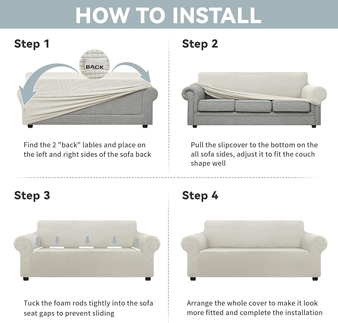 LURKA Stretch Oversized Sofa Slipcovers 1 Piece Couch Covers for 3 Cushion Couch Sofa Furniture Protector Full Sofa Covers with Elastic Bottom for Kids and Pet (X-Large, Ivory)