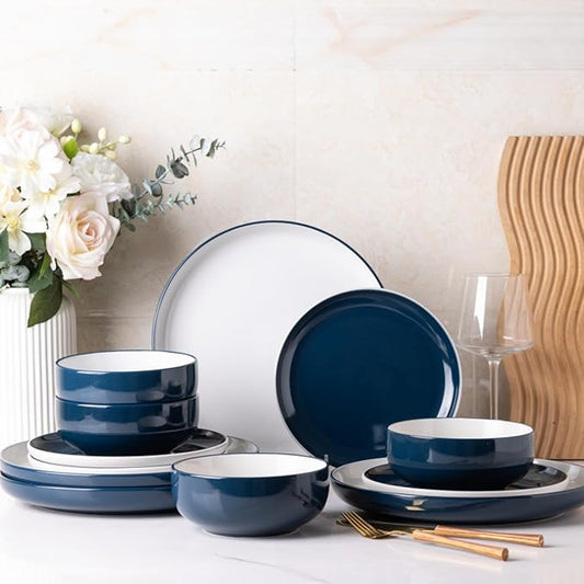 GBHOME 12 Pieces Ceramic Dinnerware Set, Modern White Dish Set for 4，Scratch Resistant Smooth Plates and Bowls Sets，Oven Safe，Microwave & Dishwasher