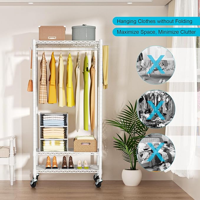 FUTASSI P3 Mini Rolling Clothes Rack, Clothing Racks for Hanging Clothes, Heavy Duty Garment Rack, Freestanding Portable Closet Rack 23.6'' W x 14'' D x 78.5'' H, Max Load 430 Lbs, White