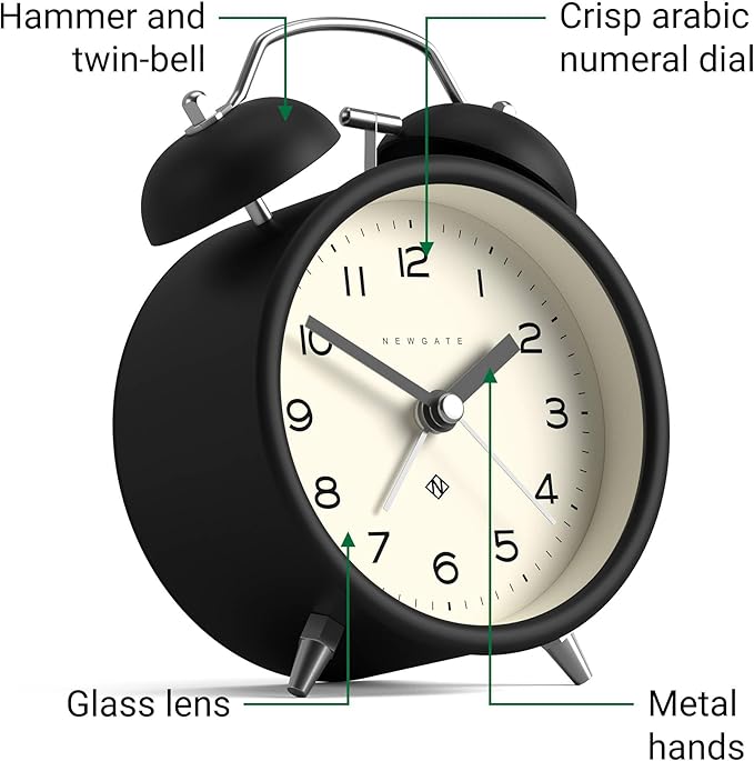 NEWGATE® Charlie Bell Echo Alarm Clock | Modern take on Classic Twin Bell Clock | Black | Easy to Read Numbers | Ideal for Bedside, Desk or Shelf | Modern Retro Bedroom & Office Accessory